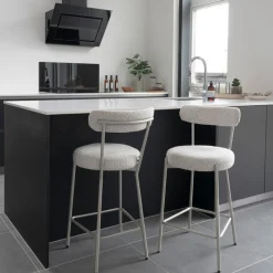 BADALONA Tabouret de bar en tissu bouclette pieds beiges H65cm