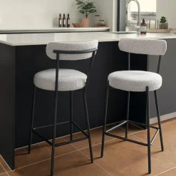 BADALONA Tabouret de bar en tissu bouclette et métal H65cm