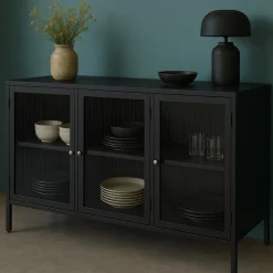 BJORN Buffet 3 portes en verre strié et métal L132cm