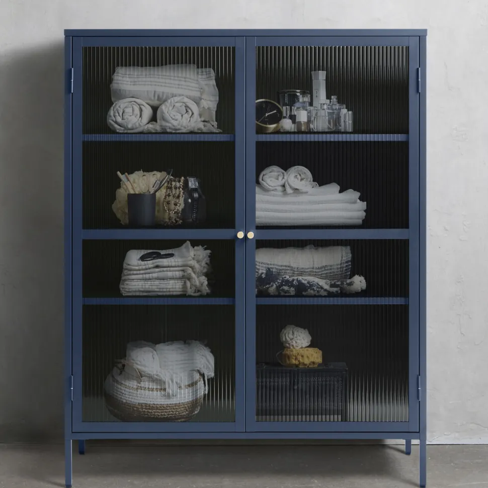 BJORN Vaisselier 2 portes en verre strié et métal H140cm