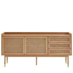 BOMBONG Buffet 2 portes 3 tiroirs en bois et cannage L180cm