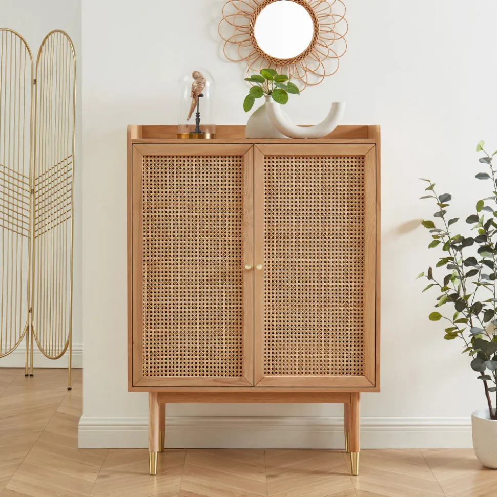 BOMBONG Buffet haut 2 portes en bois et cannage L90cm