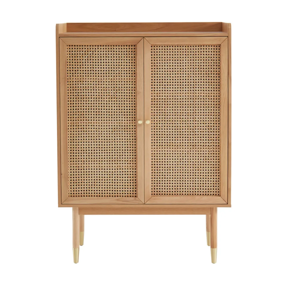 BOMBONG Buffet haut 2 portes en bois et cannage L90cm