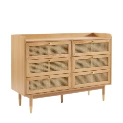 BOMBONG Commode 6 tiroirs en bois et cannage L120cm