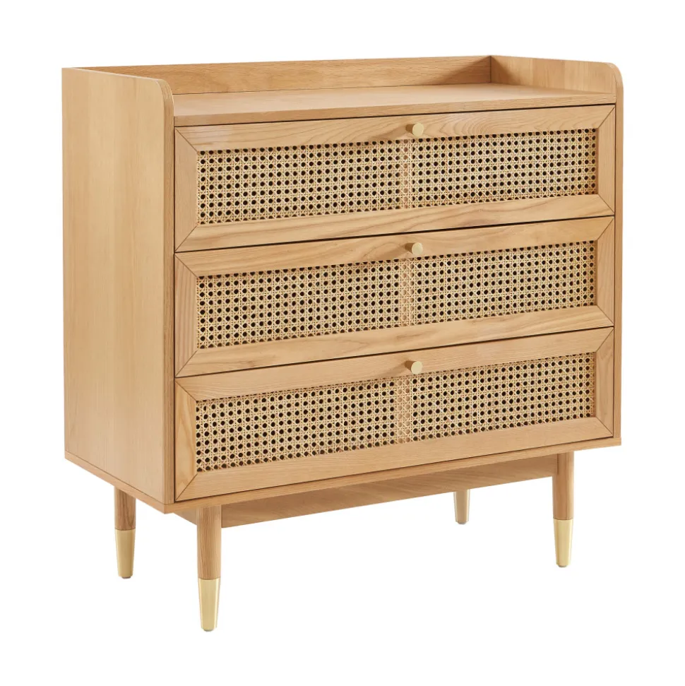 BOMBONG Commode 3 tiroirs en bois et cannage L85cm