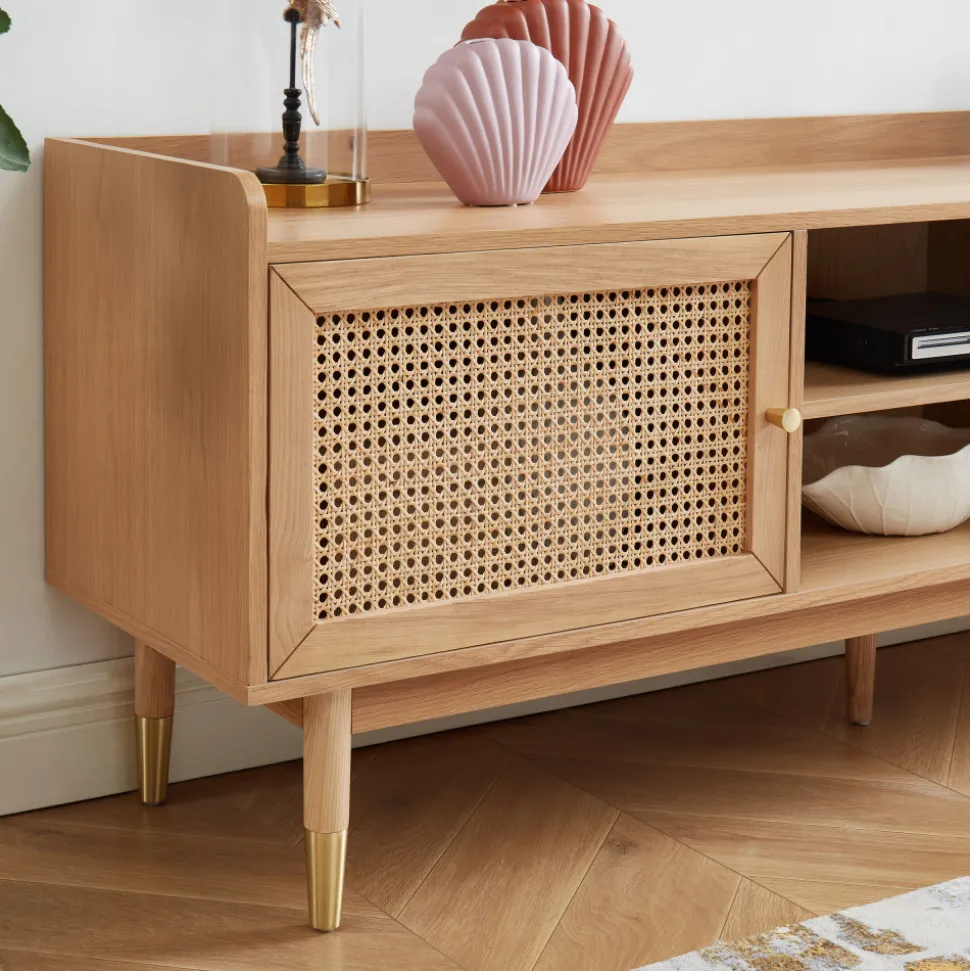 BOMBONG Meuble TV 1 porte 2 tiroirs en bois et cannage L160cm