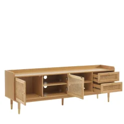 BOMBONG Meuble TV 2 portes 2 tiroirs en bois et cannage 180 cm