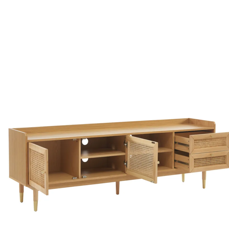 BOMBONG Meuble TV 2 portes 2 tiroirs en bois et cannage 180 cm