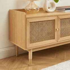 BOMBONG Meuble TV 2 portes 2 tiroirs en bois et cannage 180 cm