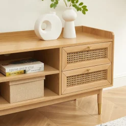 BOMBONG Meuble TV 2 portes 2 tiroirs en bois et cannage 180 cm
