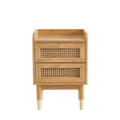 BOMBONG Table de chevet 2 tiroirs en bois et cannage