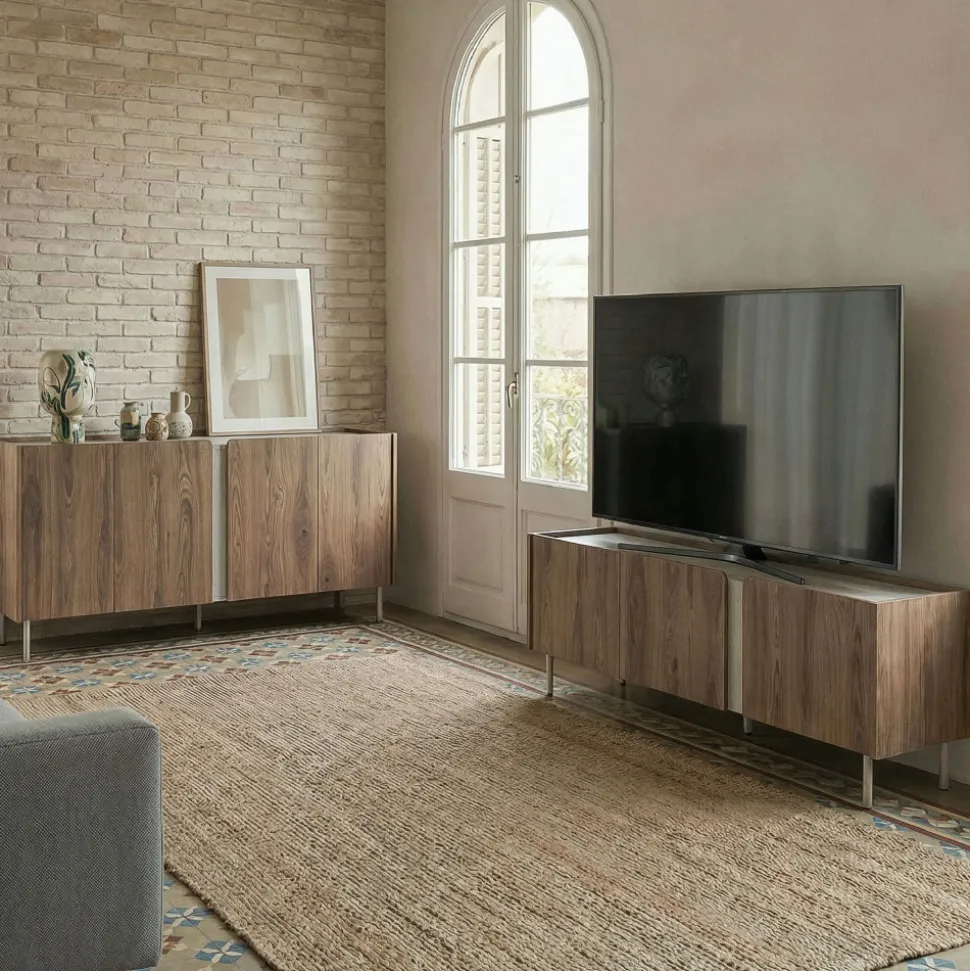 BOXY Meuble TV 3 portes en bois et effet travertin L140cm