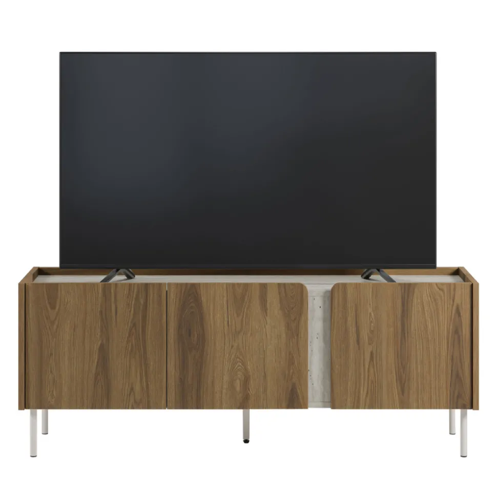 BOXY Meuble TV 3 portes en bois et effet travertin L140cm
