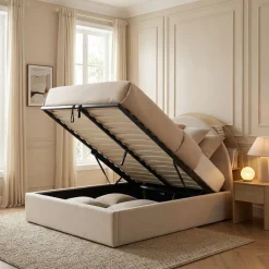 BRIE Lit coffre en tissu avec rangements intégrés 140x190cm