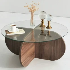 BULLY Table basse ronde en verre trempé et bois ø75cm