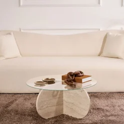 BULLY Table basse ronde en verre trempé et effet travertin ø75cm