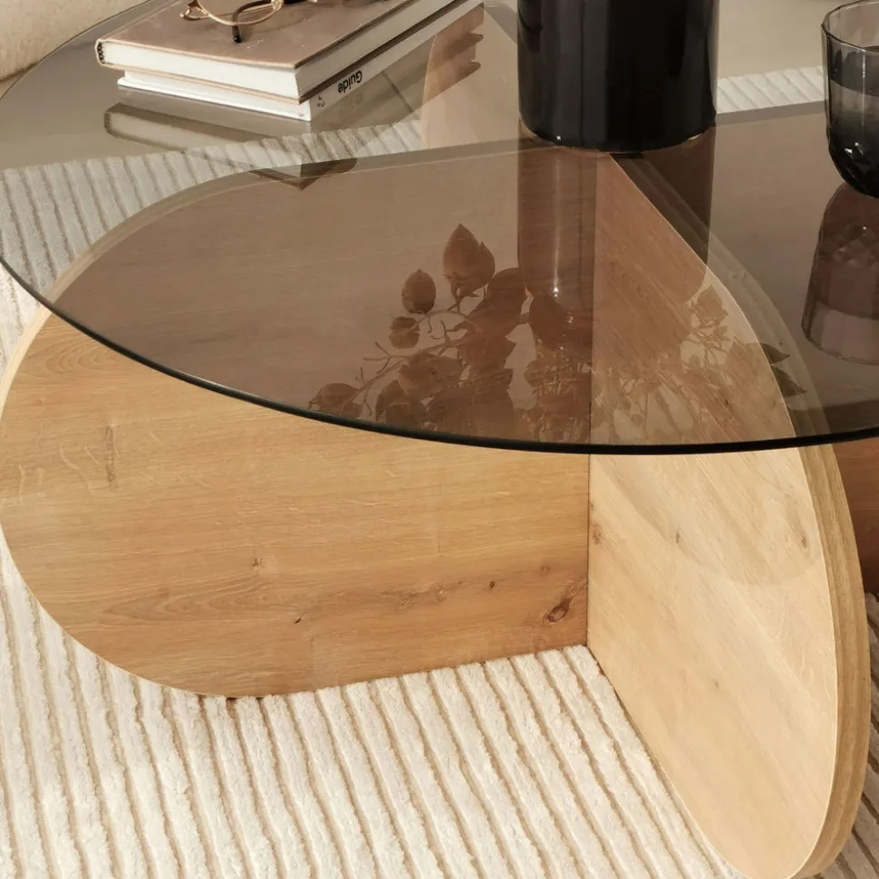 BULLY Table basse ronde en verre trempé et bois ø75cm