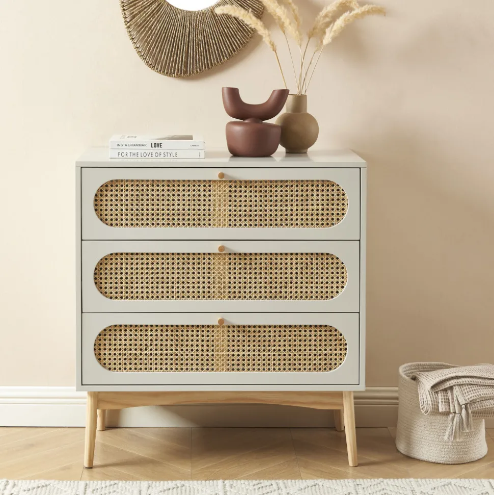 CANNO Commode 3 tiroirs en bois et cannage L80cm