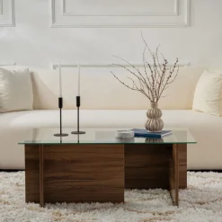 CUBIX II Table basse en verre trempé et bois