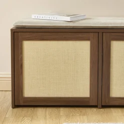 ESTELA Banc d'entrée avec rangement à chaussures en bois et cannage L100cm