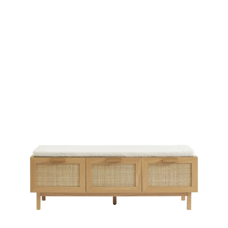 JUNE Banc d'entrée avec rangement à chaussures en bois et cannage L140cm