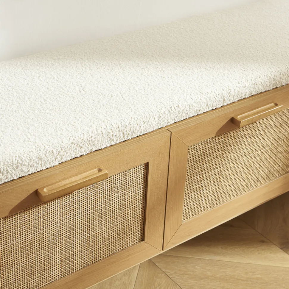 JUNE Banc d'entrée avec rangement à chaussures en bois et cannage L140cm