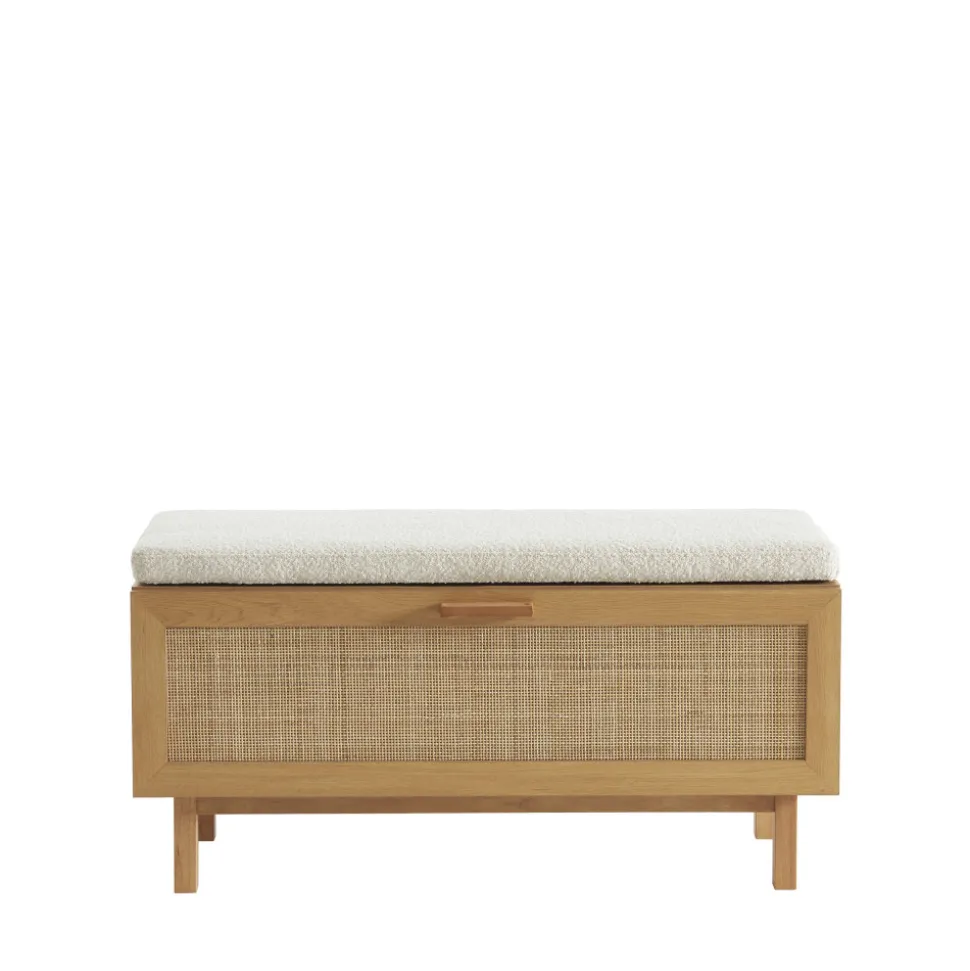 JUNE Banc d'entrée avec rangement chaussures en bois et cannage L100cm