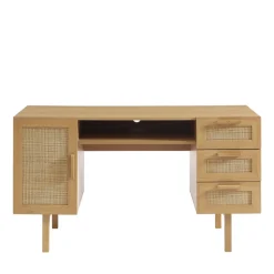 JUNE Bureau 1 porte 3 tiroirs en bois et cannage L135cm