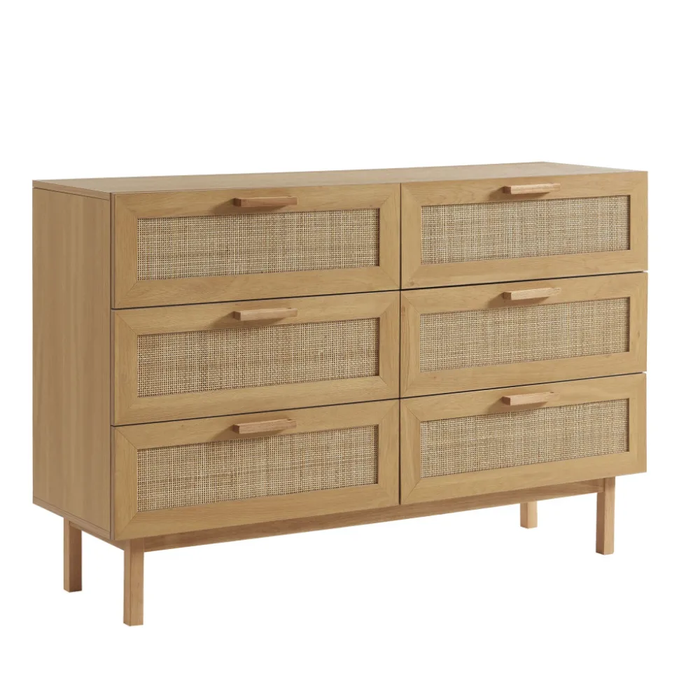 JUNE Commode 6 tiroirs en bois et cannage L130cm
