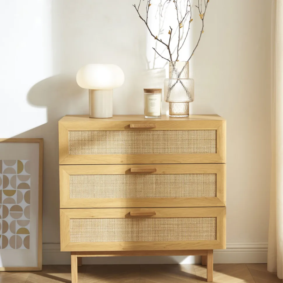 JUNE Commode 3 tiroirs en bois et cannage L85cm