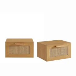 JUNE Lot de 2 tables de chevet murales avec rangement en bois et cannage