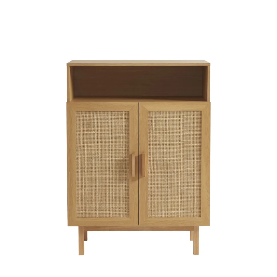 JUNE Meuble à chaussures 2 portes 1 niche en bois et cannage L80cm