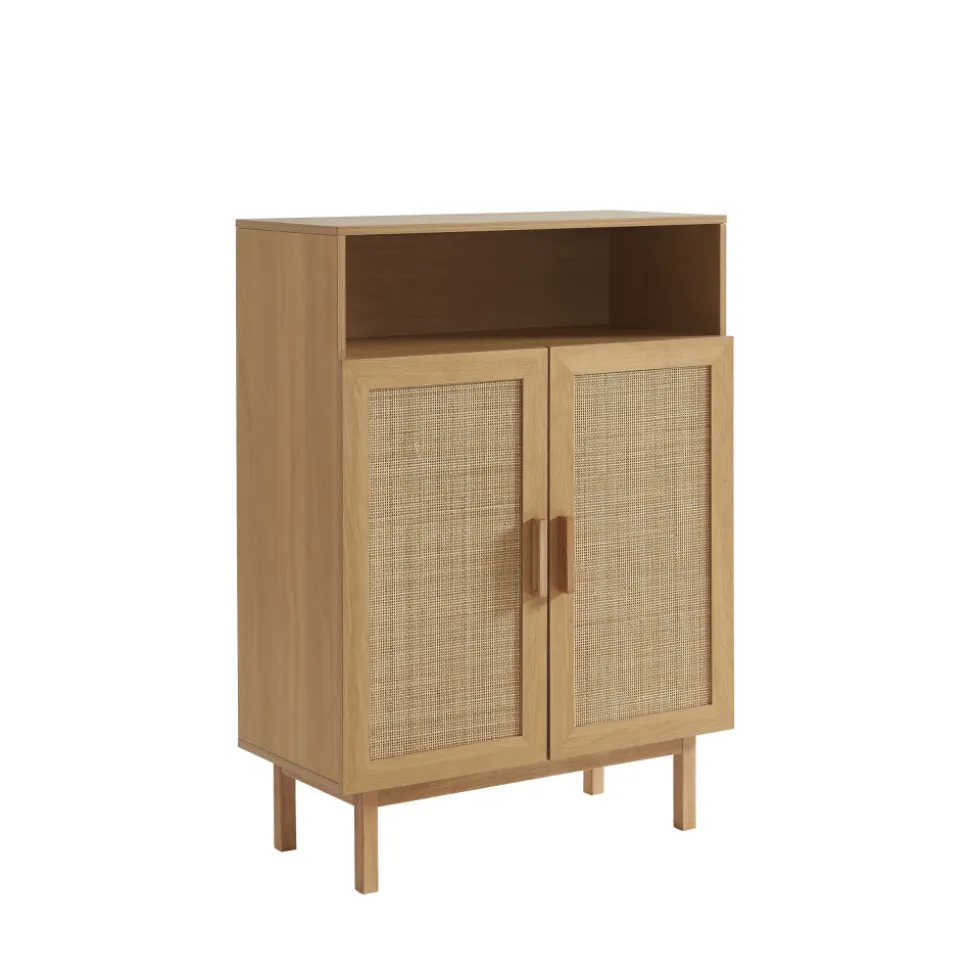 JUNE Meuble à chaussures 2 portes 1 niche en bois et cannage L80cm