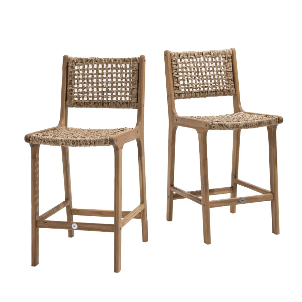 LEXIA Lot de 2 tabourets de bar intérieur/extérieur en bois d'acacia et résine tressée H66cm