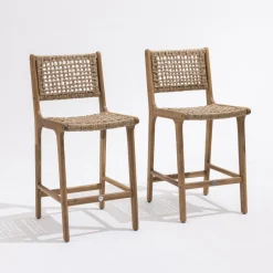 LEXIA Lot de 2 tabourets de bar intérieur/extérieur en bois d'acacia et résine tressée H76cm