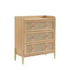 LILOU Commode enfant 3 tiroirs en bois et cannage 80cm