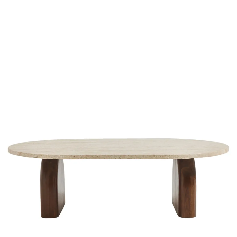 LIPALI Table basse en effet travertin et bois 100x60cm