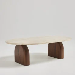 LIPALI Table basse en effet travertin et bois 100x60cm