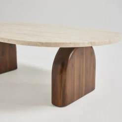 LIPALI Table basse en effet travertin et bois 100x60cm