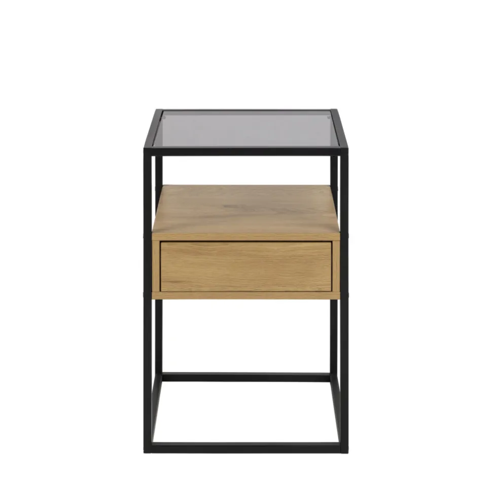 LUMA Table de chevet 1 tiroir en verre, bois et métal