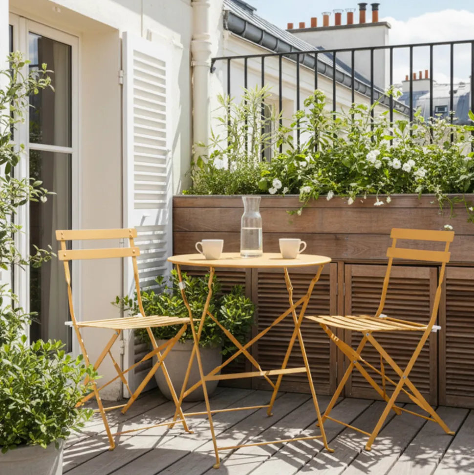 MARSEILLE Ensemble table de jardin pliante ronde bistrot et 2 chaises en métal