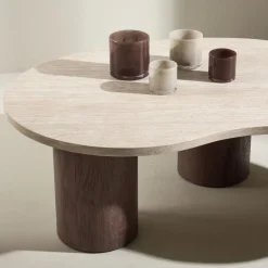 MEGG Table basse organique effet travertin et bois 130x78cm