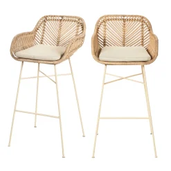 NUNUHAI Lot de 2 tabourets de bar en rotin pieds beiges 76cm