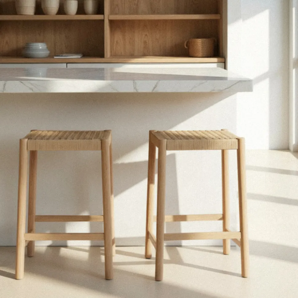 PAOLO Tabouret de bar en corde tressée et bois H65cm