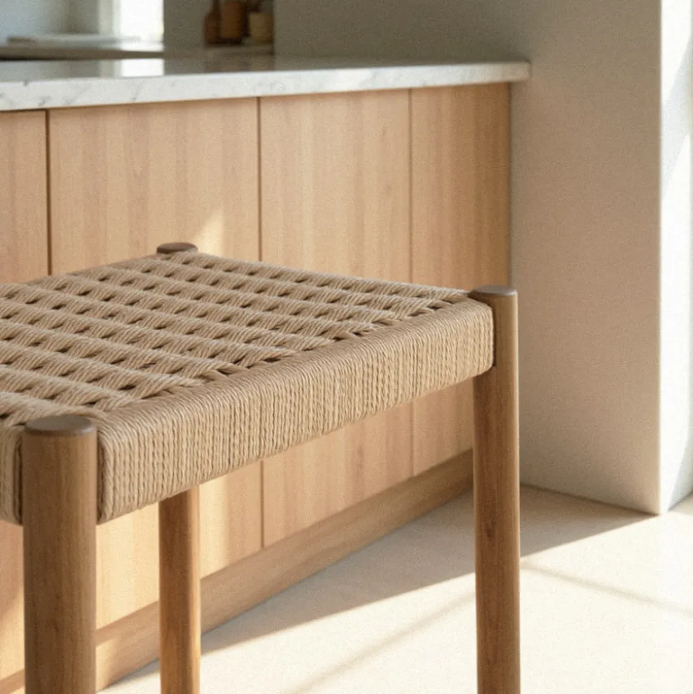 PAOLO Tabouret de bar en corde tressée et bois H65cm