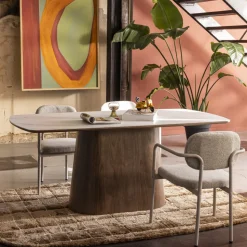 RENO Table à manger 8 personnes effet marbre et bois