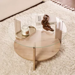 RIA Table basse ronde en verre trempé et bois ø75cm