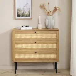 RINTO Commode 3 tiroirs en bois et métal L80cm