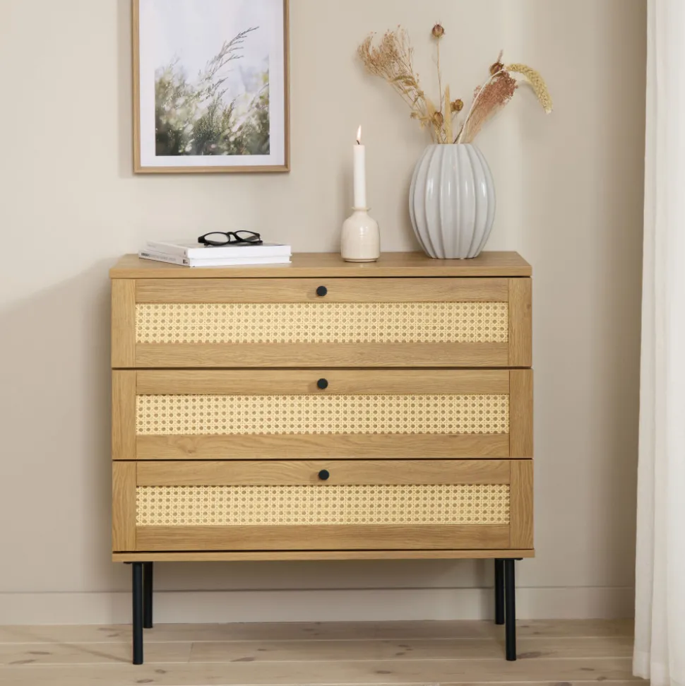 RINTO Commode 3 tiroirs en bois et métal L80cm