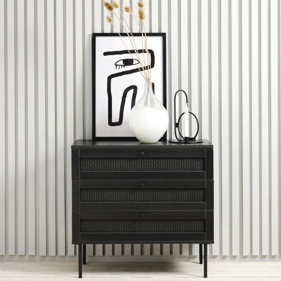 RINTO Commode 3 tiroirs en bois et métal L80cm